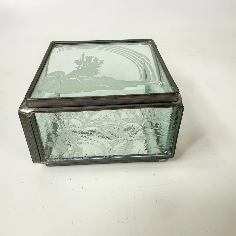 Vintage Disney Etched Castle Rainbow Metal Glass Display Mirror Square Box